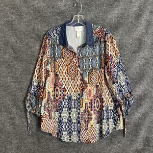 Alfred Dunner Womens Boho Artsy Button Front Blouse Size Large Multi Color